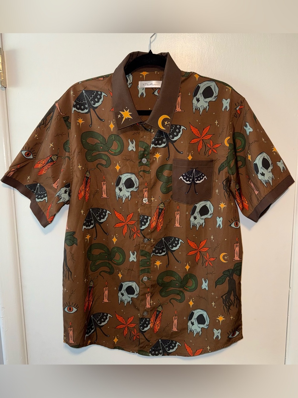 Theo Masters Brown Short-Sleeve Button-Up Shirt with Multicolor Occult Print